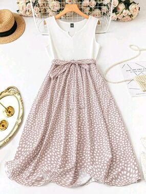 SHEIN White & Dusty Pink Sleeveless Tie-Waist Polka Dot Midi Dress